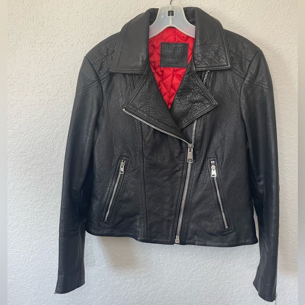 Women’s Black Leather Moto Jacket with Red Lining